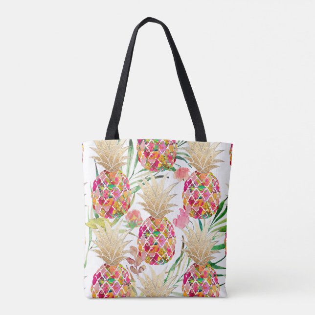 Bolso De Tela PixDezines Aloha Piña+Frondas de Palma Acuarela (Reverso)