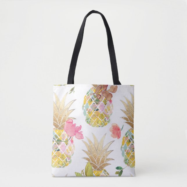 Bolso De Tela PixDezines Aloha Pineapple+acuarela floral (Anverso)