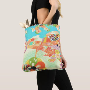 Bolso De Tela PixDezines estampado vintage de kimono/peonías/Sak