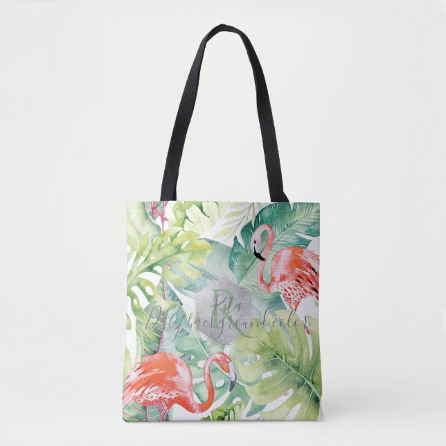 Bolso De Tela PixDezines Flamencos rosados + Verdor tropical (Anverso)