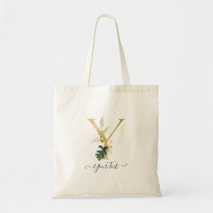 Bolso De Tela PixDezines Monograma Dorado Falso Follaje Tropical