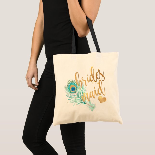 Bolso De Tela PixDezines Peacock Bridesmaid/Faux Gold Script (Anverso (producto))