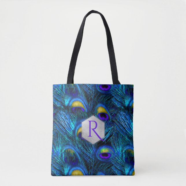 Bolso De Tela PixDezines PSIQUEDELIC AZUL PEACOCK FEATHER (Anverso)