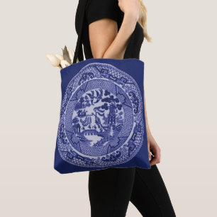 Bolso De Tela Placa azul azul y blanca del sauce de China en el