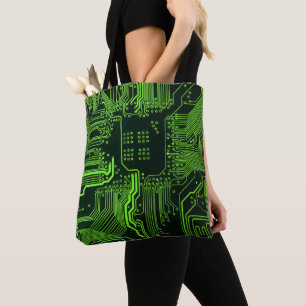 Bolso De Tela Placa de circuito electrónico verde del nerd de sa