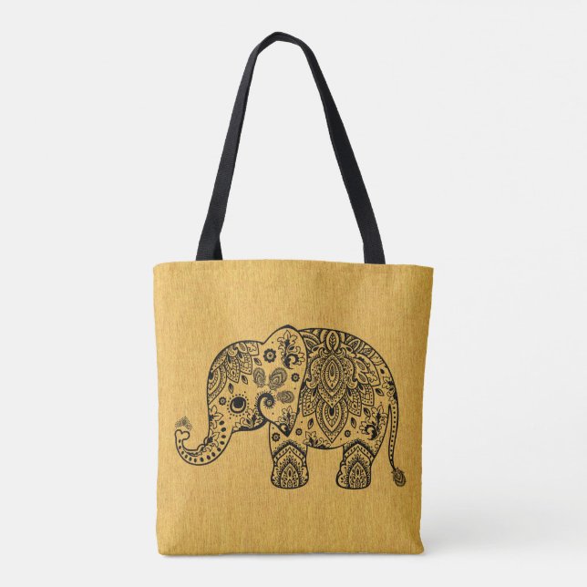 Bolso De Tela Plack Paisley Elephant Sobre Textura De Oro (Reverso)