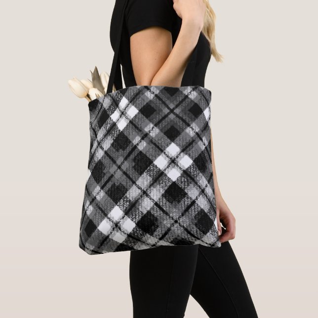 Bolso De Tela Plaid Check Tartan Black White Farmhouse Moderno (Detalle)