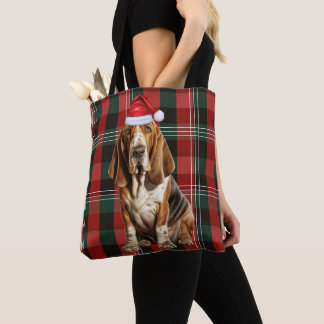 Bolso De Tela Plaid Estacional Rojo Perro Navideño Basset Hound
