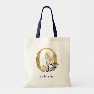 Bolso De Tela Plantas de hojas de oro azul floral Monograma "O"