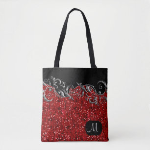 Bolso De Tela Plata metalizada floral con confeti rojo