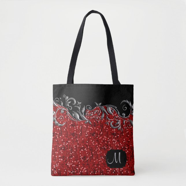 Bolso De Tela Plata metalizada floral con confeti rojo (Anverso)
