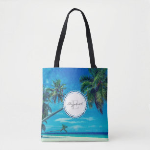 Bolso De Tela Playa blanca arenosa con palmeras tropicales Monog