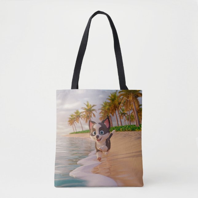 Bolso De Tela playa, cocoteros, personalizado de perros (Anverso)