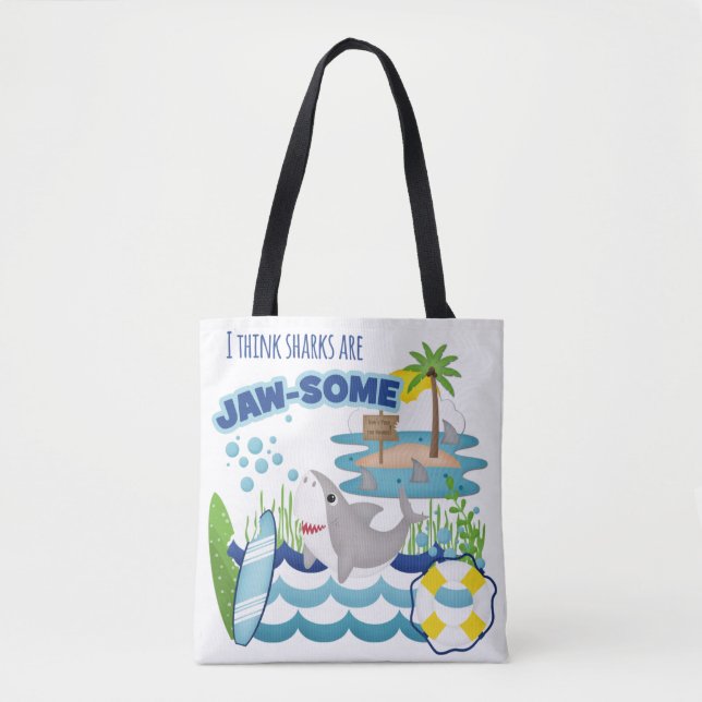 Bolso De Tela Playa Cute Shark Surfboard Island (Anverso)