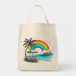 Bolso De Tela Playa de palmeras con hermoso arco iris