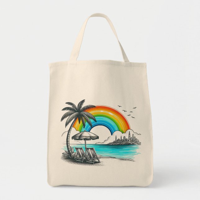 Bolso De Tela Playa de palmeras con hermoso arco iris (Frente)