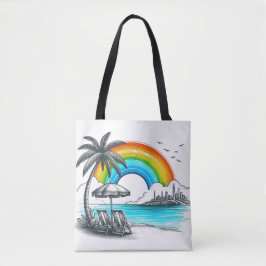 Bolso De Tela Playa de palmeras con hermoso arco iris