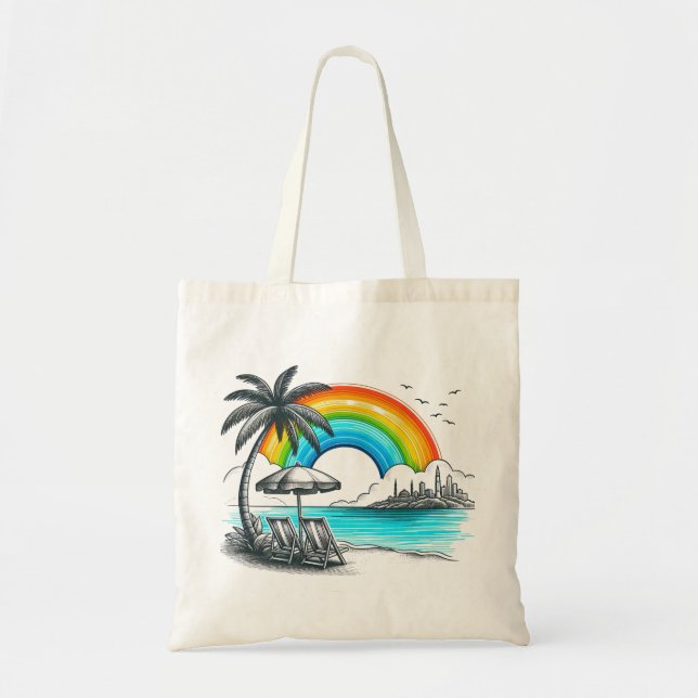 Bolso De Tela Playa de palmeras con hermoso arco iris (Frente)