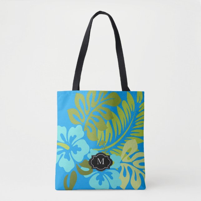 Bolso De Tela Playa hawaiana floral tropical del monograma del (Anverso)