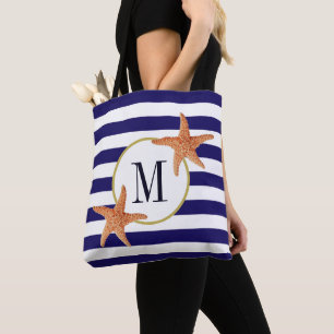 Bolso De Tela Playa Monograma de la Marina Náutica franjas azul