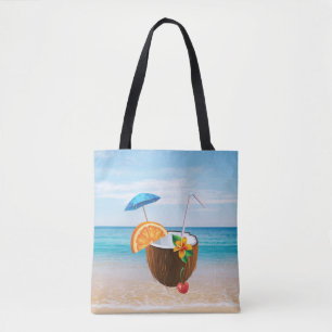 Bolso De Tela Playa Tropical,Cielo Azul,Arena del Océano,Coctel