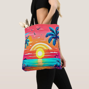 Bolso De Tela Playa tropical con arcoiris