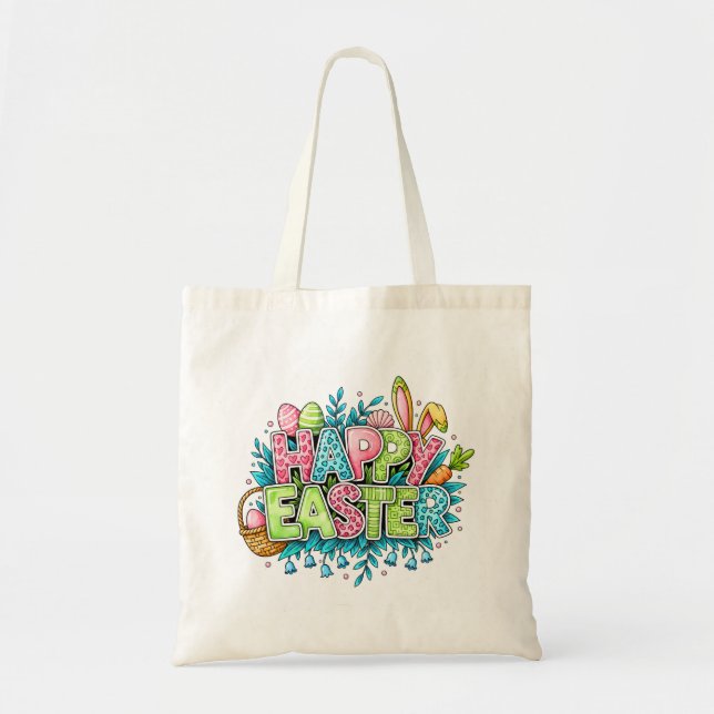 Bolso De Tela Playful Easter Artwork With Bunny Ears and Florals (Frente)