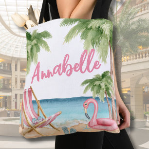 Bolso De Tela Playita Tropical Acuarela Rosa Lindo Femenino
