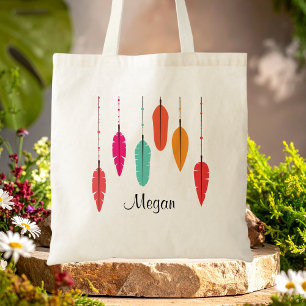 Bolso De Tela Pluma arcoiris rosa y Naranja Boho Monogramado