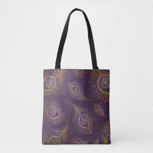 Bolso De Tela Pluma de pavo real dorada, fondo violeta.