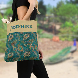 Bolso De Tela Pluma de pavo real Paisley Verde azulado Dorado No