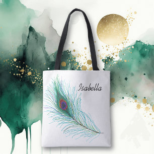 Bolso De Tela Pluma turquesa de pavo real personalizada