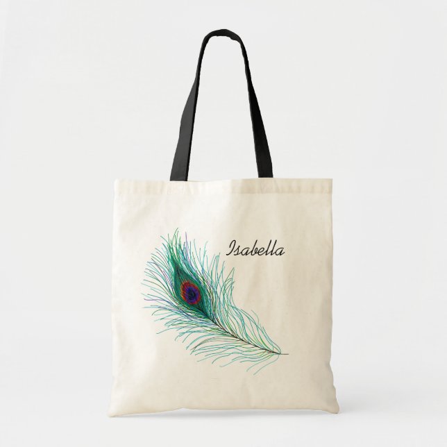 Bolso De Tela Pluma turquesa de pavo real personalizada (Frente)