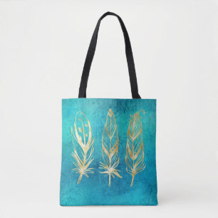 Bolso De Tela plumas azul turquesa y oro