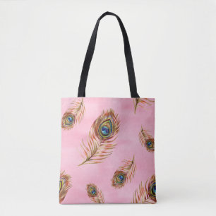 Bolso De Tela Plumas de pavo real de oro, acuarela patrón sin fi