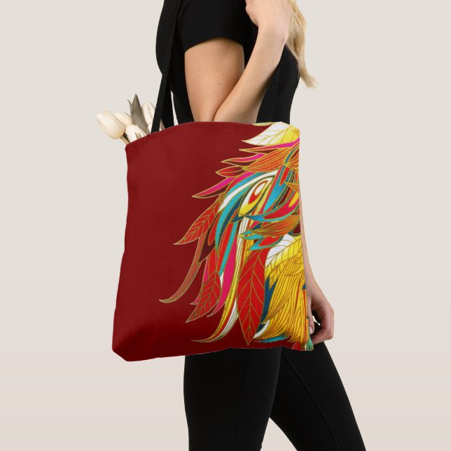 Bolso De Tela Plumas exóticas sobre rojo (Detalle)