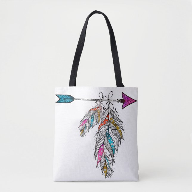 Bolso De Tela plumas ornamentales estilo boho colgando (Anverso)