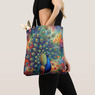 Bolso De Tela Plumas y flores de pavo real coloridas