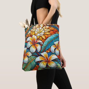 Bolso De Tela Plumeria de vidrio manchado sobre naranja