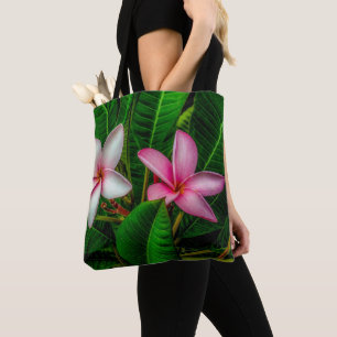 Bolso De Tela Plumerias en Tote blanco y rosa