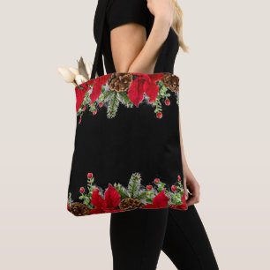 Bolso De Tela Poinsettia y Navidades de pino tocan Bag