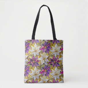 Bolso De Tela Poinsettias de Navidades rosados morados de oro bl