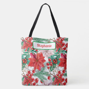 Bolso De Tela Poinsettias elegantes, Holly Berries, Pine Boughes