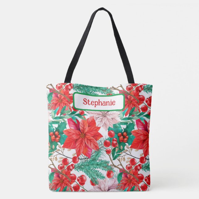 Bolso De Tela Poinsettias elegantes, Holly Berries, Pine Boughes (Reverso)
