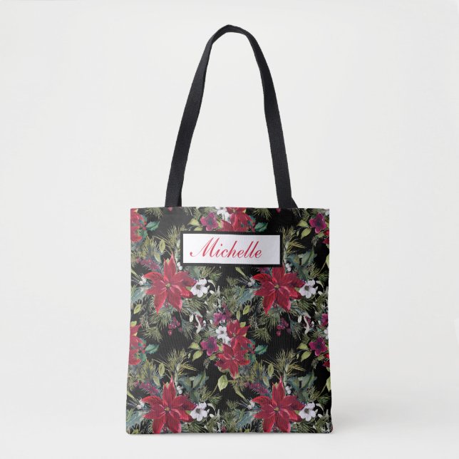 Bolso De Tela Poinsettias rojas y flores blancas en negro (Anverso)
