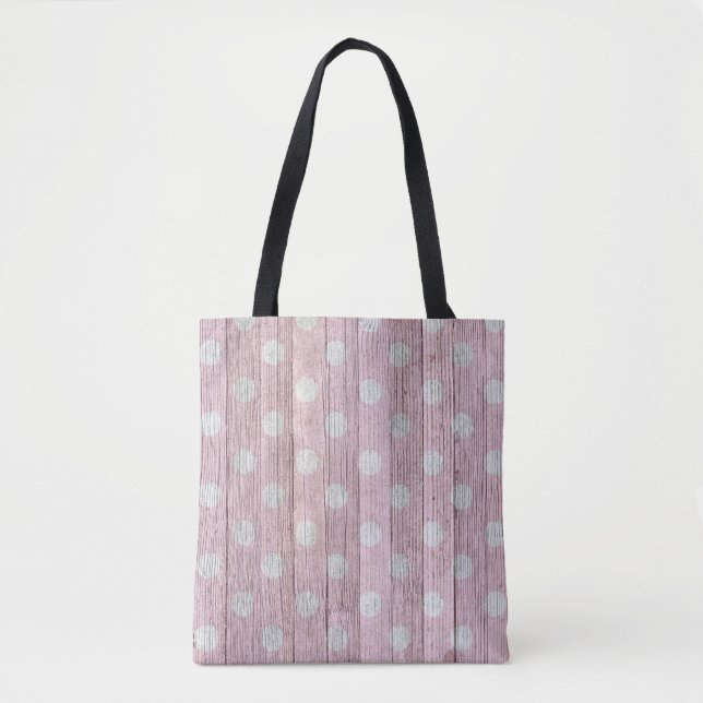Bolso De Tela polka rosa y blanca de madera rústica (Anverso)