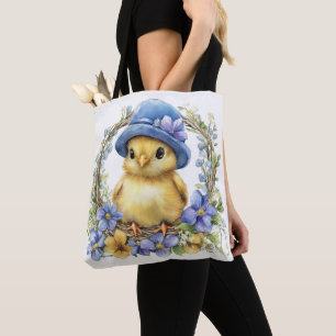 BOLSO DE TELA POLLITO AMARILLO ADORABLE CON FLORES AZULES Y AMAR