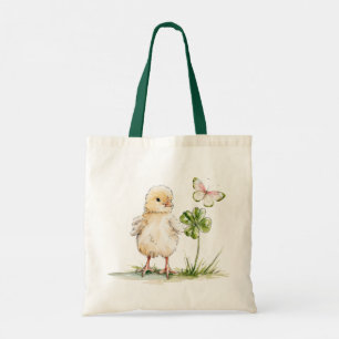 Bolso De Tela Pollito de Acuarela con Trébol de Cuatro Hojas