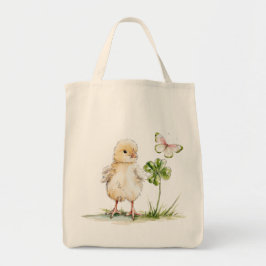 Bolso De Tela Pollito en acuarela con trébol de cuatro hojas 