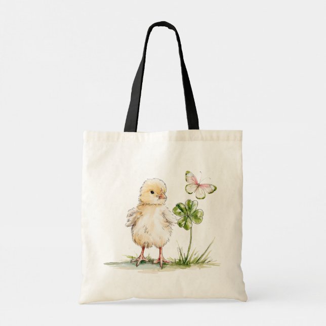 Bolso De Tela Pollito en acuarela con trébol de cuatro hojas  (Reverso)